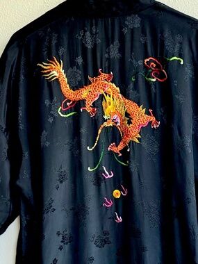 Vintage Black Dragon Embroidered Kimono Robe OS Golden Bee Floral Satin Duster